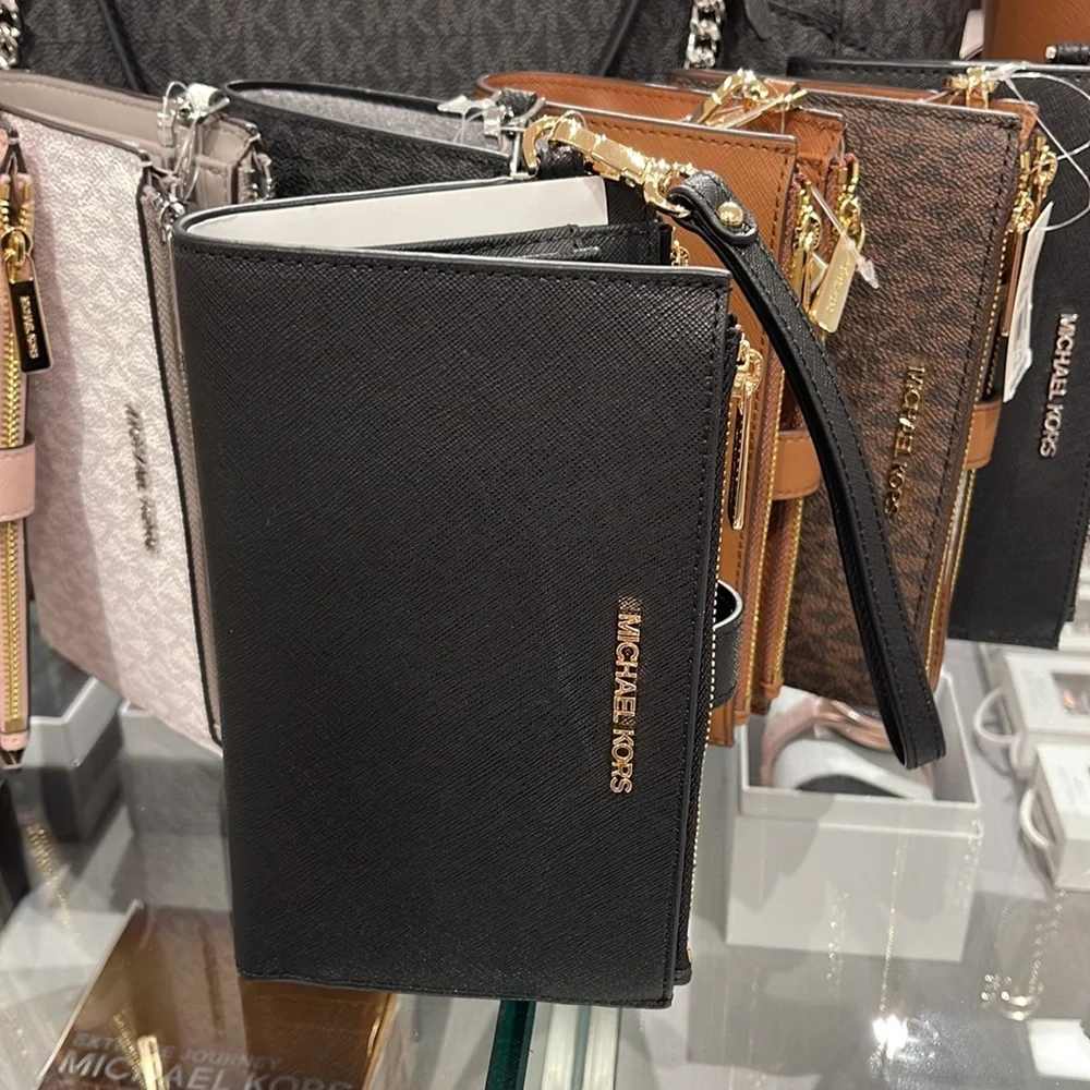 MICHAEL KORS LARGE DOUBLE ZIP WRISTLET WALLET PHONE CASE CLUTCH Black
